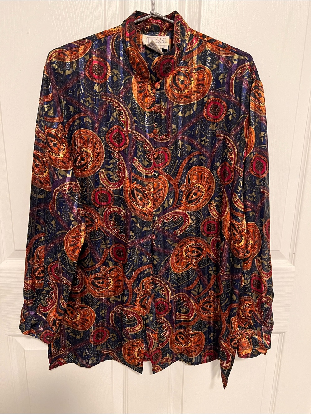 Vintage Tess Blouse Retro Bold Long-Sleeve Paisley Button-Up Shirt